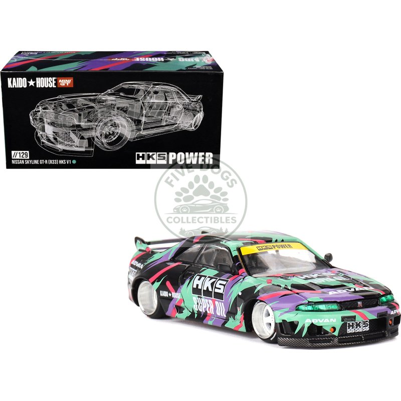 nissan skyline gt r (r33) "hks v1" rhd (right hand drive) black with graphics (designed by jun imai) "kaido house" special 1/64 diecast model car by mini gt