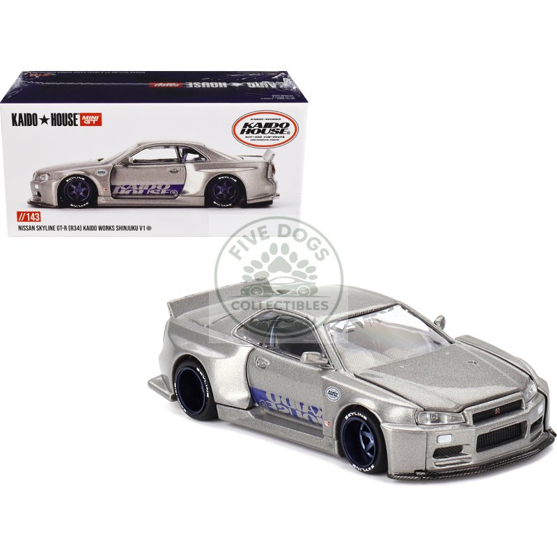 nissan skyline gt r (r34) "kaido works shinjuku v1" rhd (right hand drive) silver metallic (designed by jun imai) "kaido house" special 1/64 diecast model car by mini gt