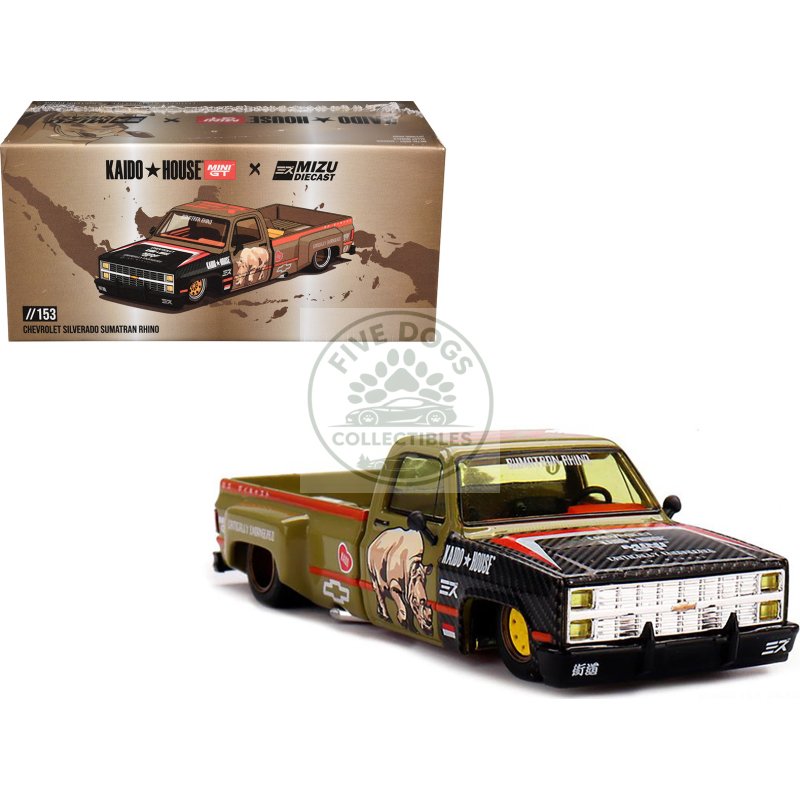 chevrolet silverado dually pickup truck "sumatran rhino" tan and carbon with graphics (designed by jun imai) "kaido house" special 1/64 diecast model car by mini gt