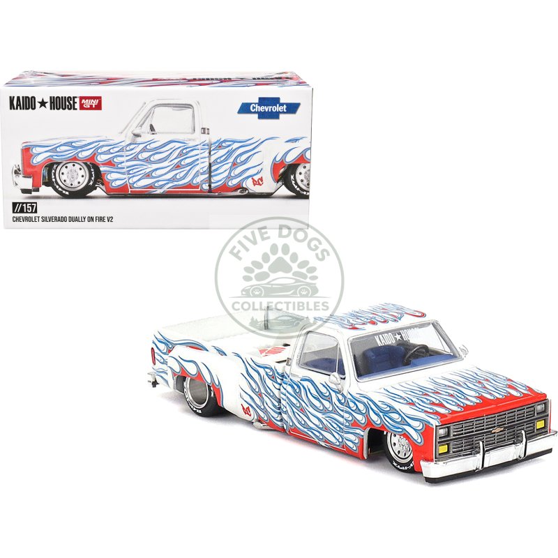 chevrolet silverado dually pickup truck "on fire v2" white metallic with blue flames and blue interior (designed by jun imai) "kaido house" special 1/64 diecast model car by mini gt
