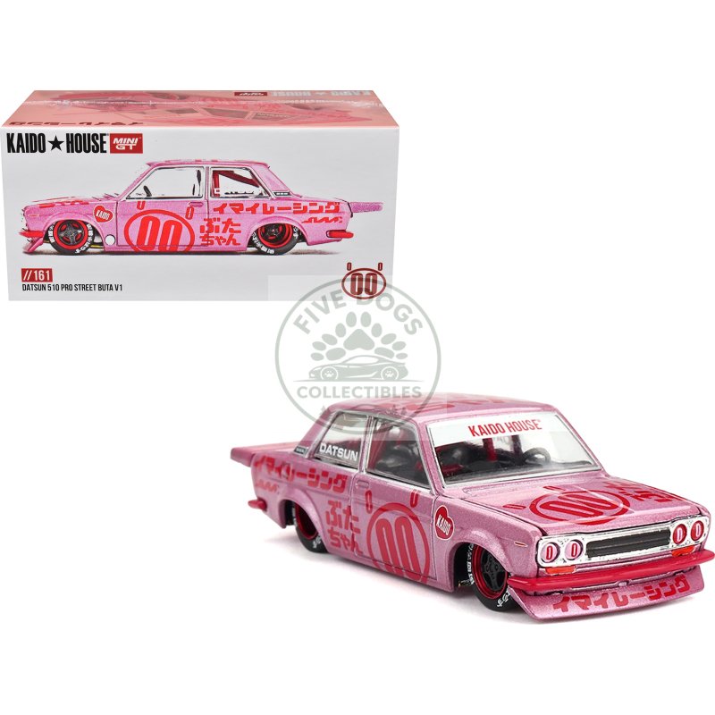 datsun 510 pro street #00 "buta v1" pink metallic with red graphics (designed by jun imai) "kaido house" special 1/64 diecast model car by mini gt