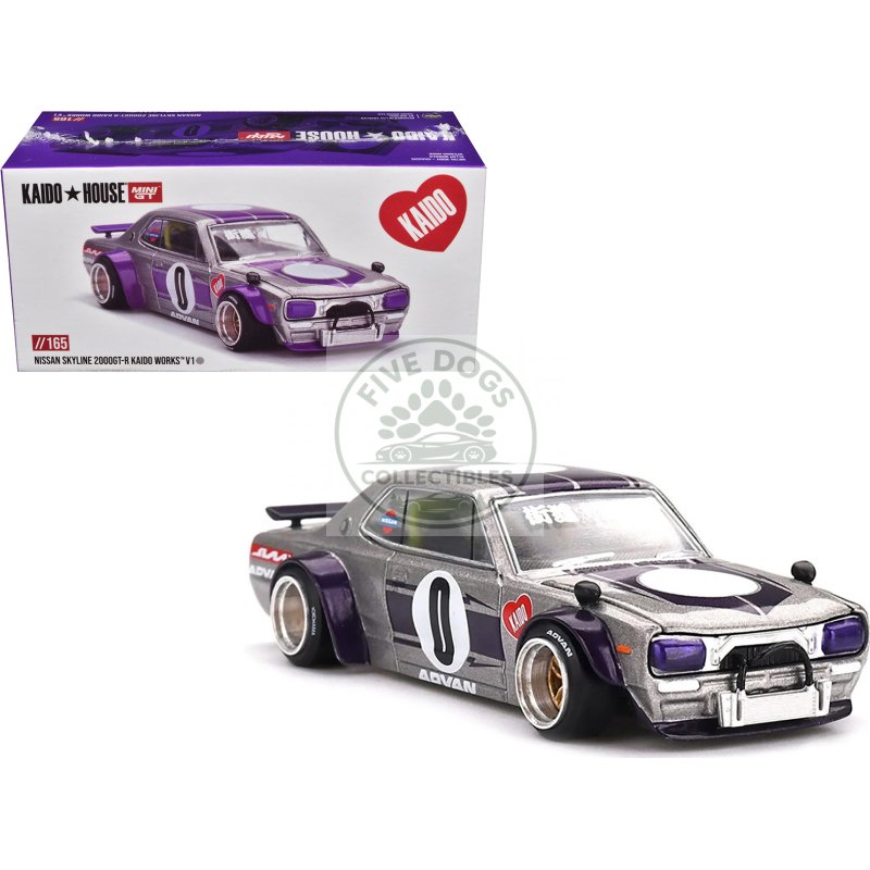 nissan skyline 2000gt r (kpgc10) "kaido works v1" rhd (right hand drive) #0 silver metallic with purple stripes (designed by jun imai) "kaido house" special 1/64 diecast model car by mini gt