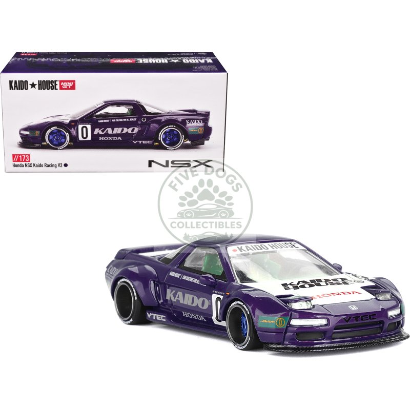 honda nsx "kaido racing v2" #0 purple with white hood and graphics (designed by jun imai) "kaido house" special 1/64 diecast model car by mini gt