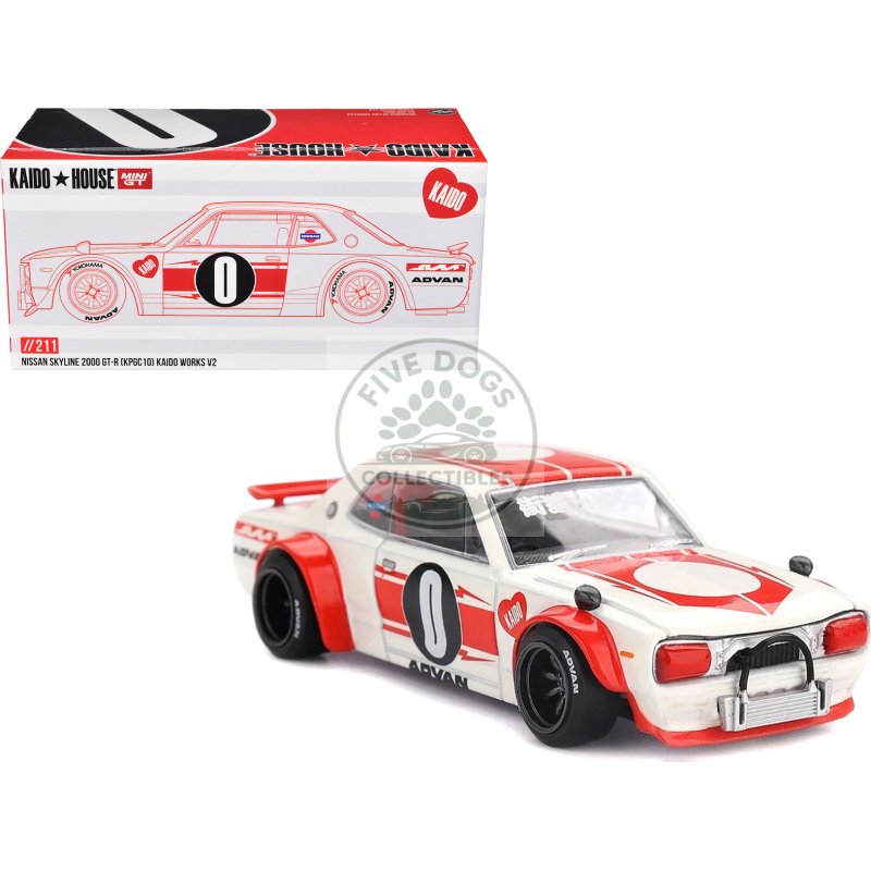 nissan skyline 2000gt r (kpgc10) "kaido works v2" rhd (right hand drive) white with red stripes (designed by jun imai) "kaido house" special 1/64 diecast model car by mini gt