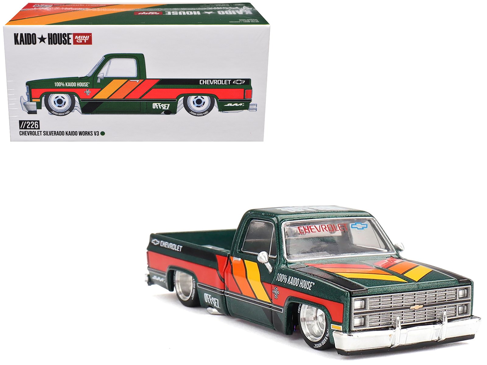 chevrolet silverado pickup truck "kaido works v3" dark green metallic with graphics (designed by jun imai) "kaido house" special 1/64 diecast model car by mini gt chevrolet silverado pickup truck "kaido works v3" dark green metallic with graphics (designed by jun imai) "kaido house" special 1/64 diecast model car by mini gt