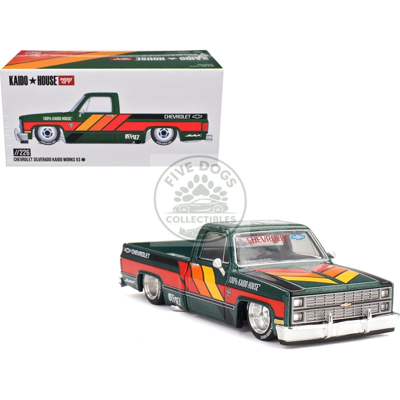 chevrolet silverado pickup truck "kaido works v3" dark green metallic with graphics (designed by jun imai) "kaido house" special 1/64 diecast model car by mini gt