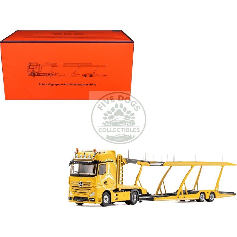 mercedes benz actros auto transporter yellow 1/64 diecast model by gcd