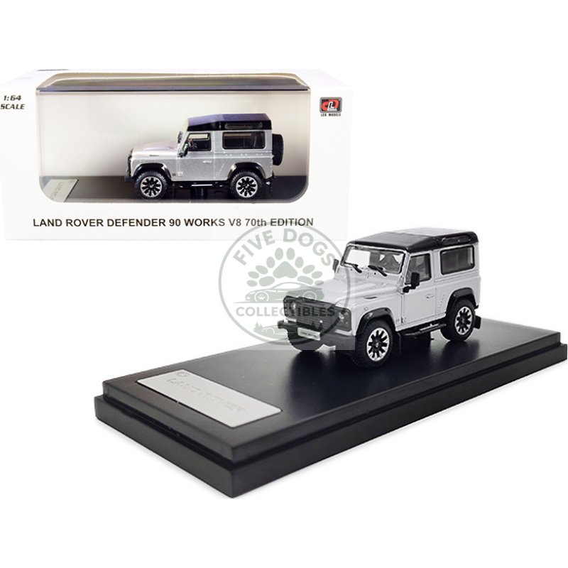 land rover defender 90 works v8 silver metallic with black top "70th edition" 1/64 diecast model car by lcd models