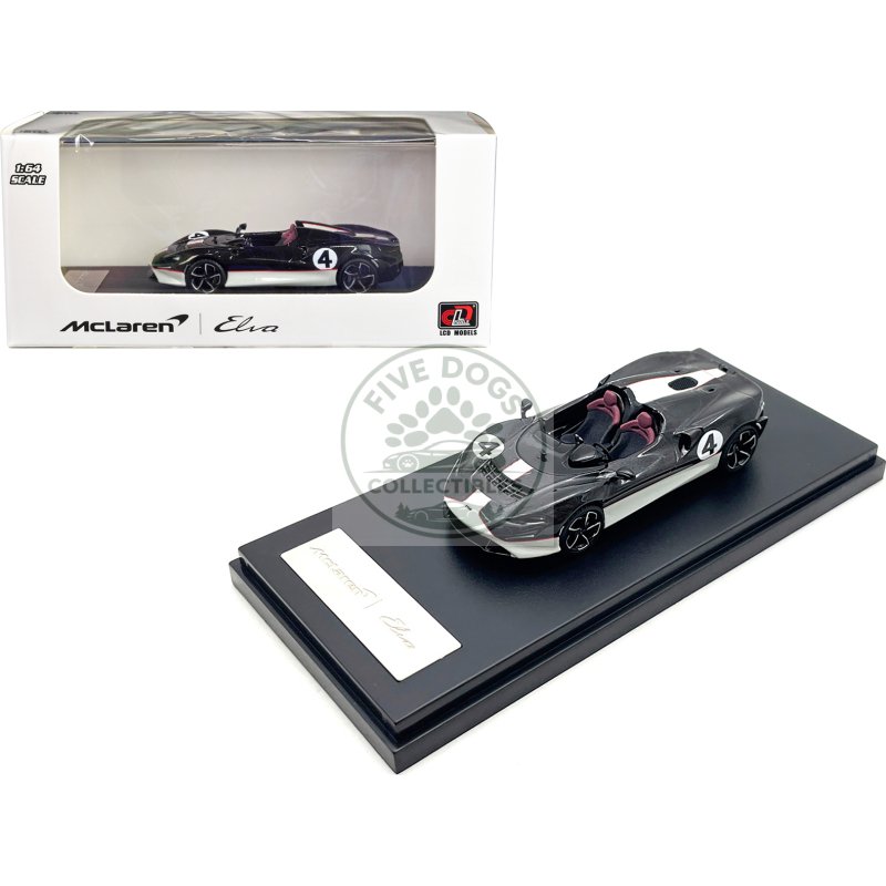 mclaren elva convertible #4 carbon black with white and red stripes 1/64 diecast model car by lcd models