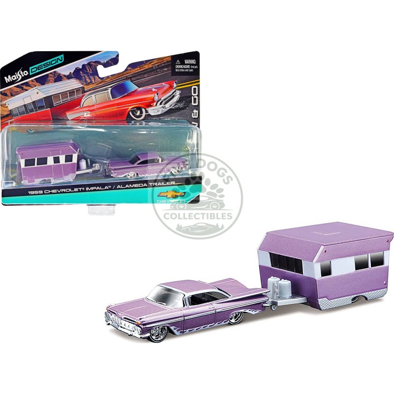 1959 chevrolet impala purple metallic with white graphics and alameda trailer purple metallic and white "tow & go" series 1/64 diecast model car by maisto