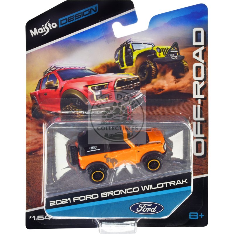2021 ford bronco wildtrak orange metallic with black top "off road" "maisto design" series 1/64 diecast model car by maisto