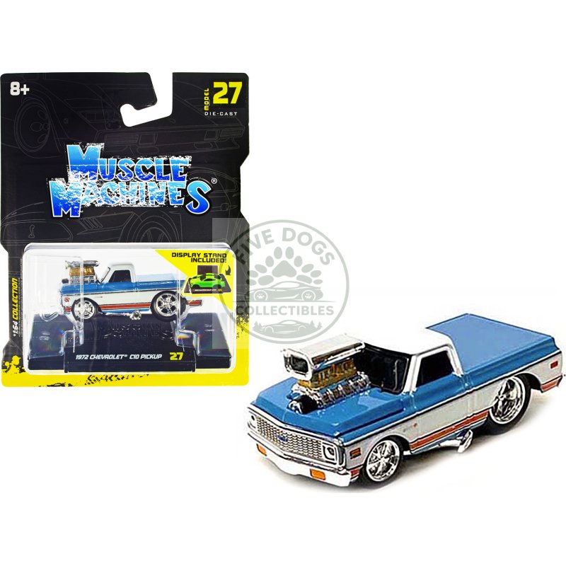 1972 chevrolet c10 pickup truck blue and white with stripes 1/64 diecast model car by muscle machines