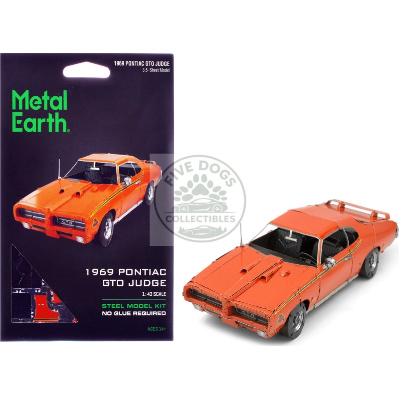 model kit 1969 pontiac gto judge orange with black stripes (moderate difficulty) steel model by metal earth