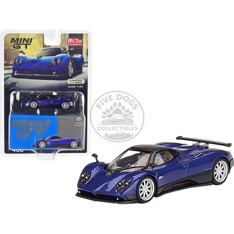 pagani zonda f blu argentina blue metallic with black top limited edition to 3000 pieces worldwide 1/64 diecast model car by mini gt