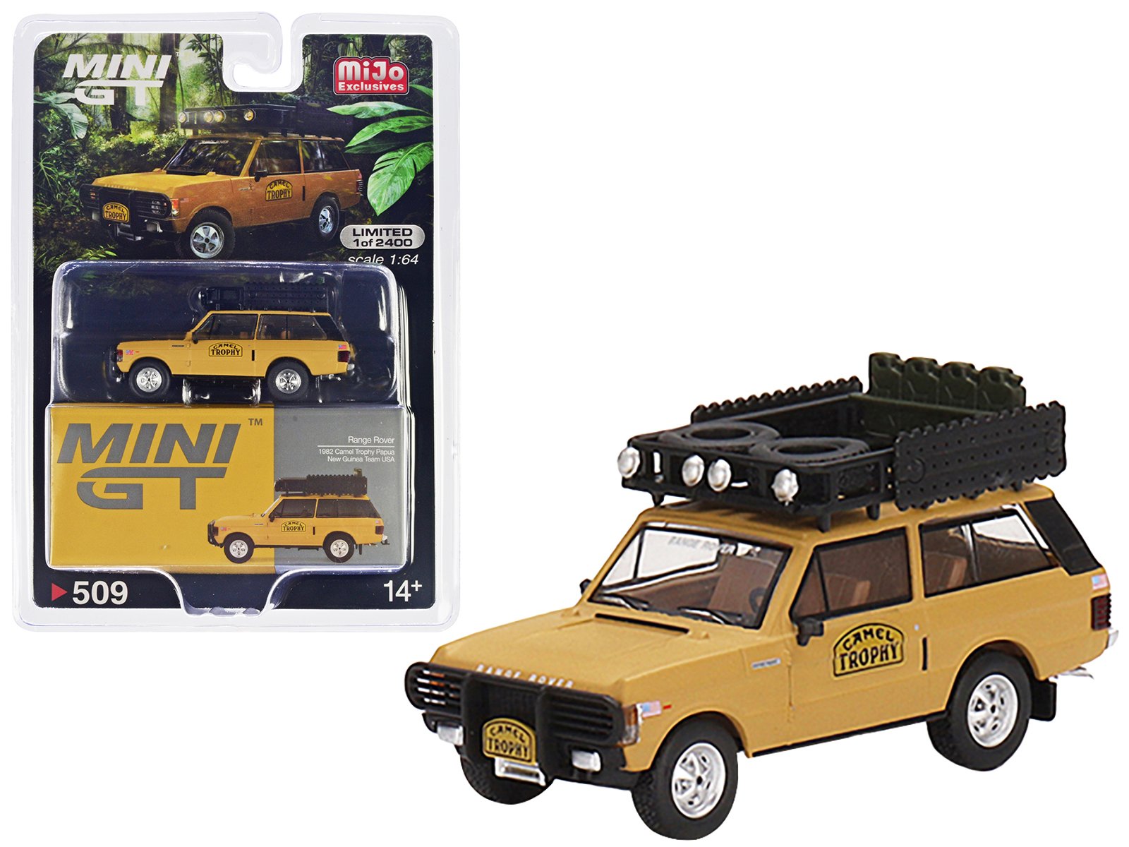 range rover with roofrack tan "camel trophy papua new guinea team usa" (1982) limited edition to 2400 pieces worldwide 1/64 diecast model car by mini gt range rover with roofrack tan "camel trophy papua new guinea team usa" (1982) limited edition to 2400 pieces worldwide 1/64 diecast model car by mini gt