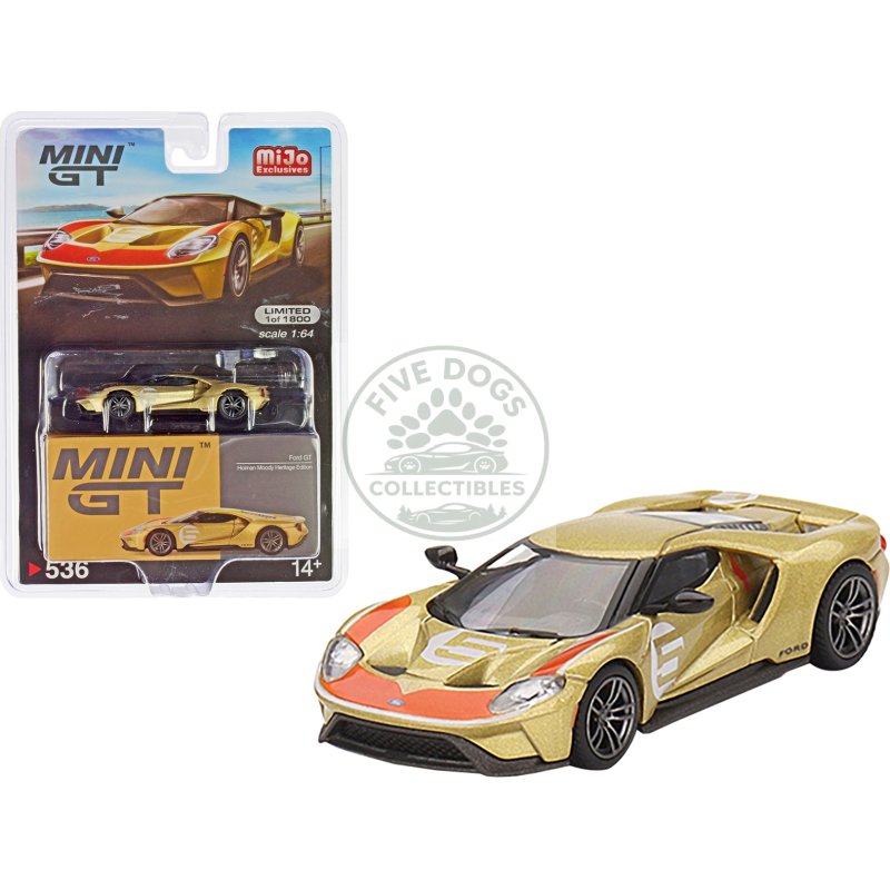 ford gt #5 "holman moody heritage edition" gold metallic with red accents limited edition to 1800 pieces worldwide 1/64 diecast model car by mini gt