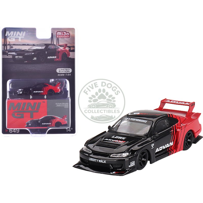 nissan "lb super silhouette" s15 silvia rhd (right hand drive) red and black "advan" limited edition 1/64 diecast model car by mini gt
