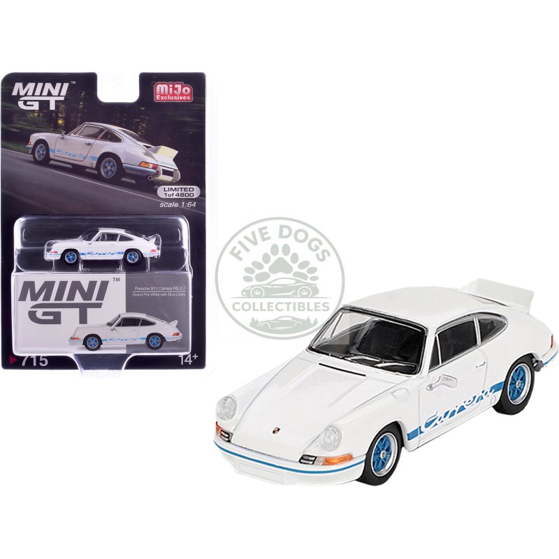 porsche 911 carrera rs 2.7 grand prix white with blue stripes and wheels limited edition to 4800 pieces worldwide 1/64 diecast model car by mini gt