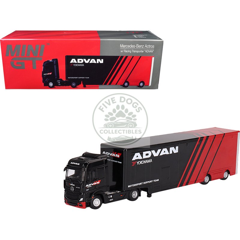 mercedes benz actros with racing transporter red and black "advan" 1/64 diecast model car by mini gt