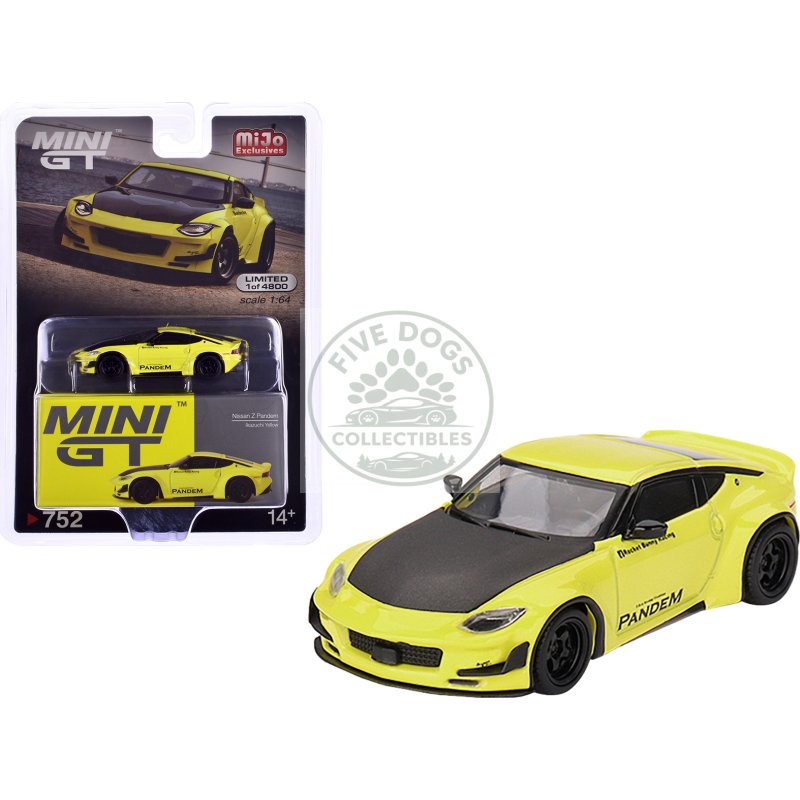nissan z "pandem" ikazuchi yellow with carbon hood limited edition to 4800 pieces worldwide 1/64 diecast model car by mini gt