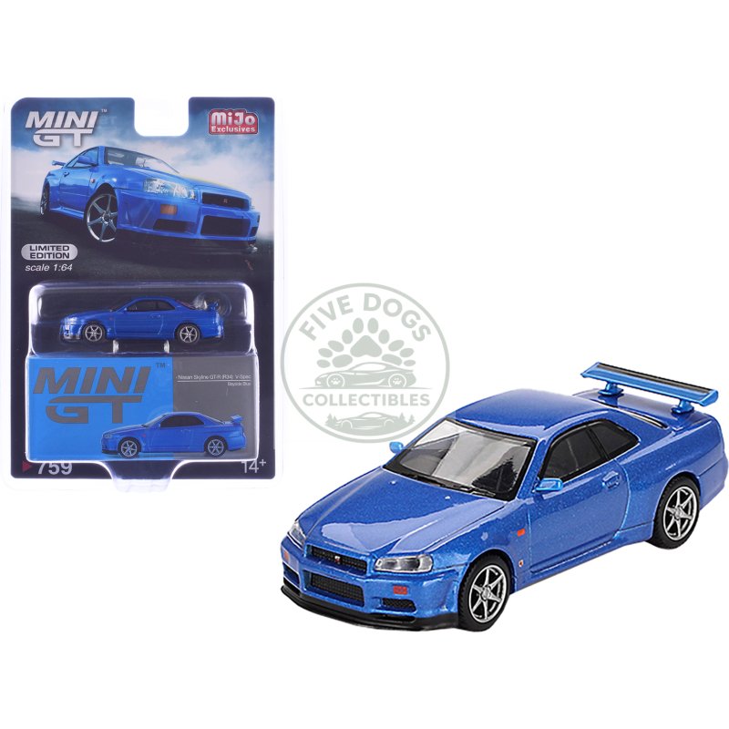 nissan skyline gt r (r34) v spec rhd (right hand drive) bayside blue metallic limited edition 1/64 diecast model car by mini gt