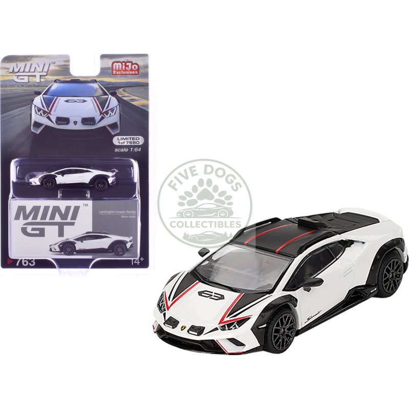 lamborghini huracan sterrato bianco asopo white metallic with red stripes and matt black top limited edition to 7680 pieces worldwide 1/64 diecast model car by mini gt