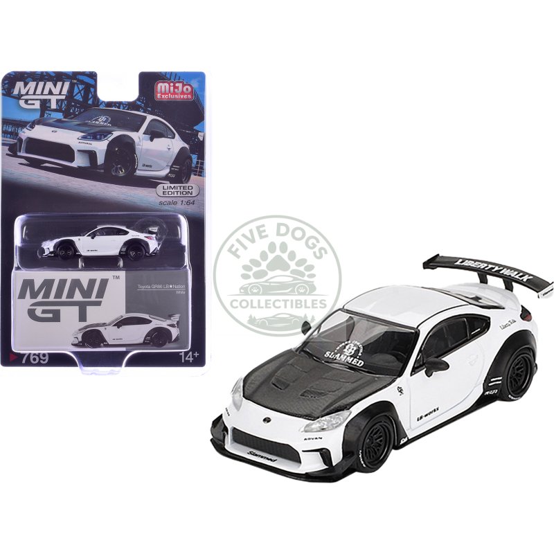 toyota gr86 "lb nation liberty walk" white with carbon hood limited edition 1/64 diecast model car by mini gt