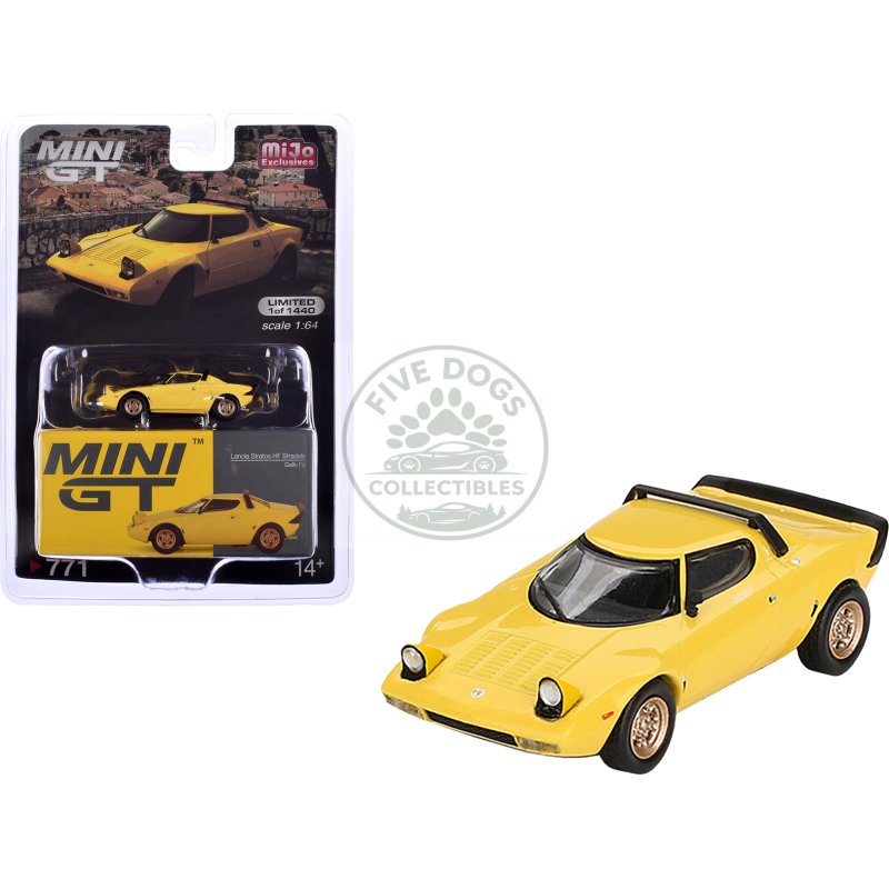 lancia stratos hf stradale giallo fly yellow limited edition to 1440 pieces worldwide 1/64 diecast model car by mini gt