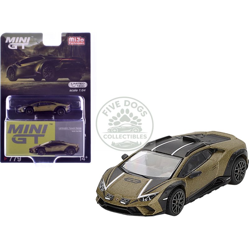 lamborghini huracan sterrato verde gea matt green metallic with black tio and white stripes limited edition to 7200 pieces worldwide 1/64 diecast model car by mini gt