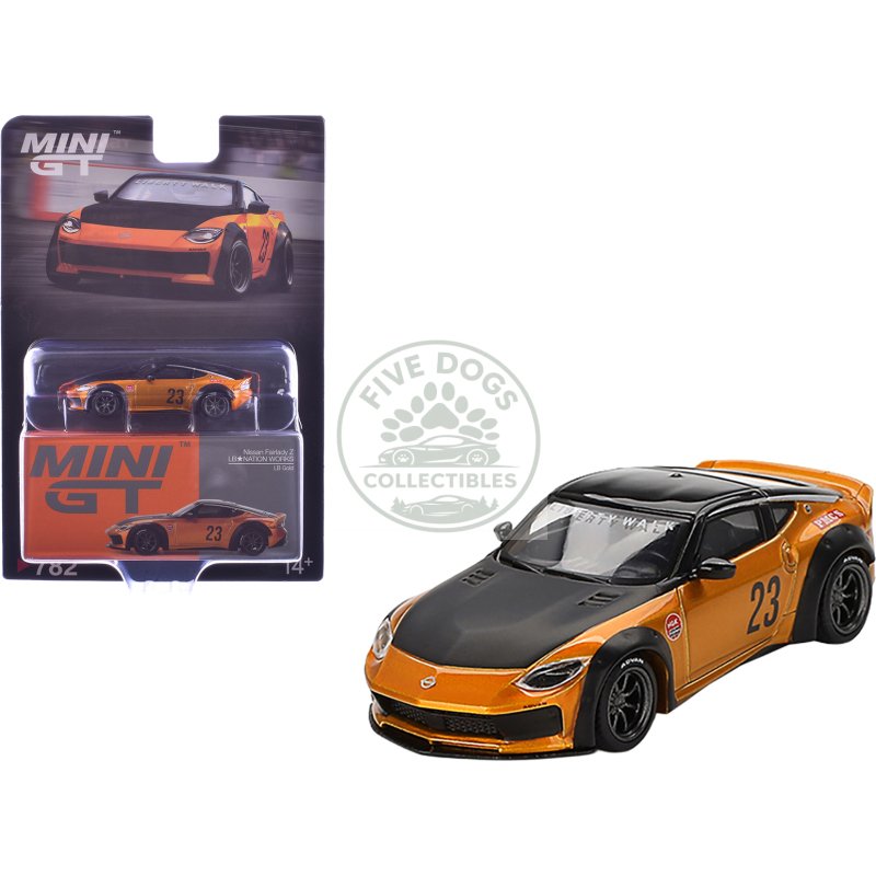 nissan fairlady z #23 "lb nation works" lb gold metallic with matt black hood and black top limited edition 1/64 diecast model car by mini gt