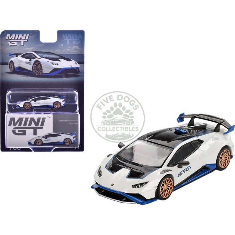 lamborghini huracan sto bianco asopo white with black top and blue accents limited edition 1/64 diecast model car by mini gt