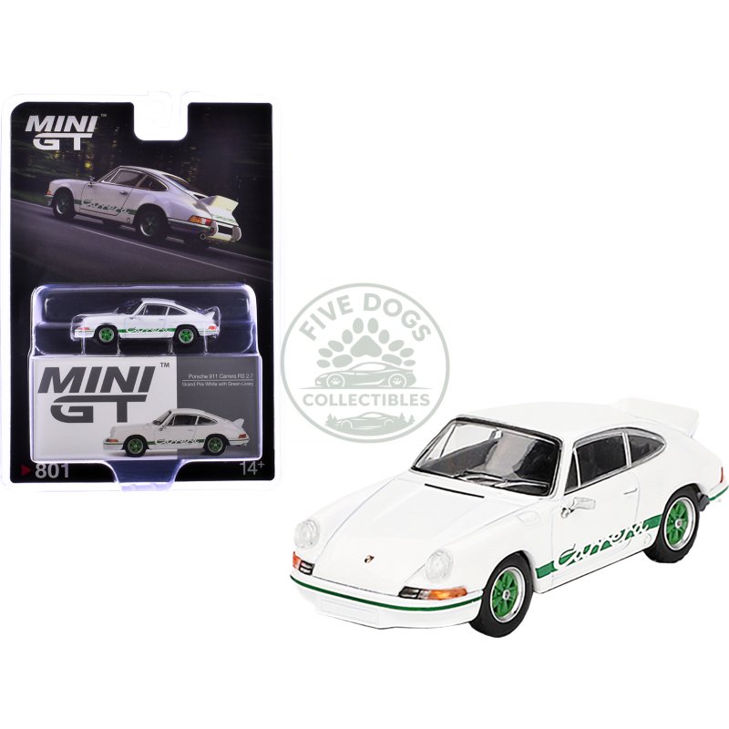 porsche 911 carrera rs 2.7 grand prix white with green stripes and wheels limited edition 1/64 diecast model car by mini gt