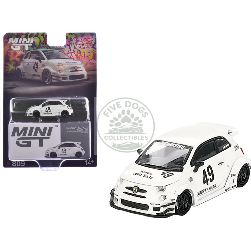 abarth 595 #49 "lb works x abas works" gara white limited edition 1/64 diecast model car by mini gt
