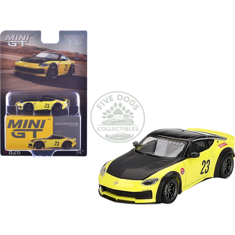 nissan z "lb nation works" #23 ikazuchi yellow with black hood and top limited edition 1/64 diecast model car by mini gt