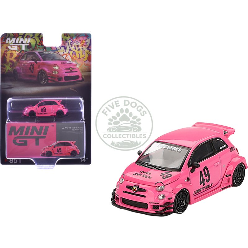 abarth 595 #49 "lb works x abas works" pink limited edition 1/64 diecast model car by mini gt