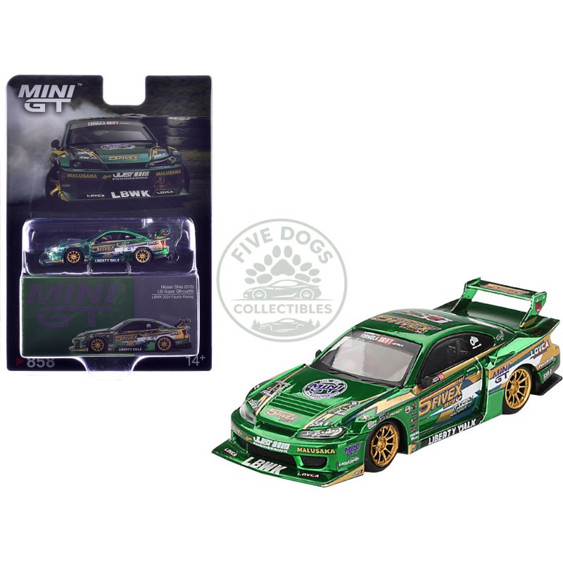 nissan silvia (s15) lb super silhouette rhd (right hand drive) "fausto racing 2024" green metallic limited edition 1/64 diecast model car by mini gt