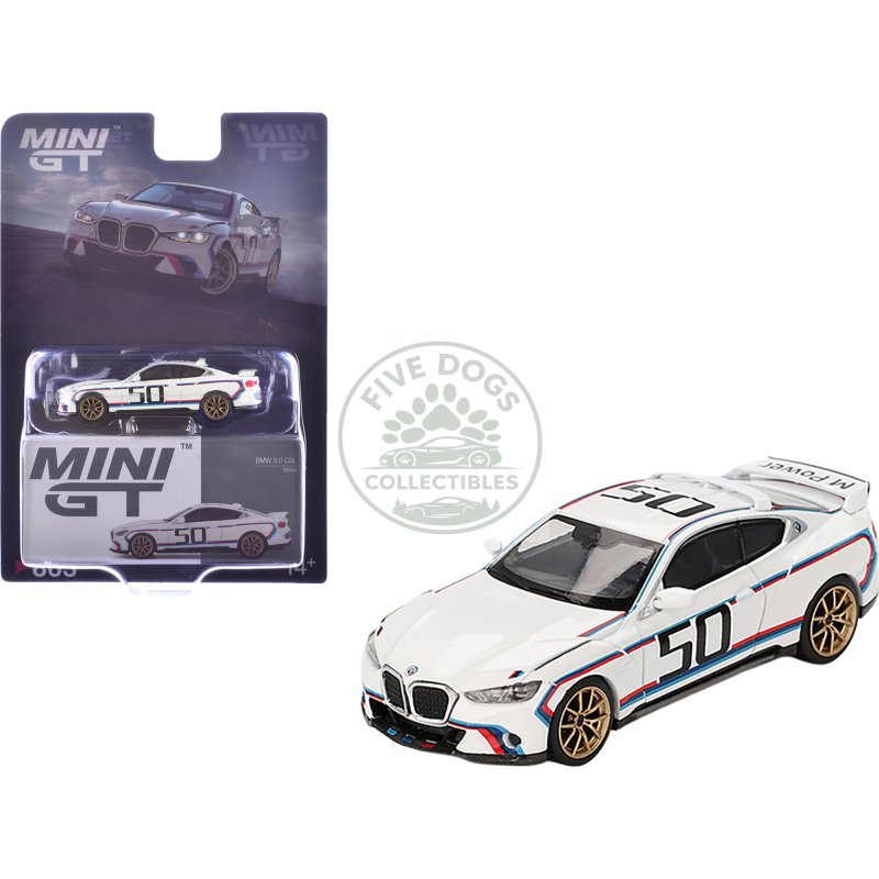 bmw 3.0 csl #50 white with blue and red stripes and gold wheels limited edition 1/64 diecast model car by mini gt