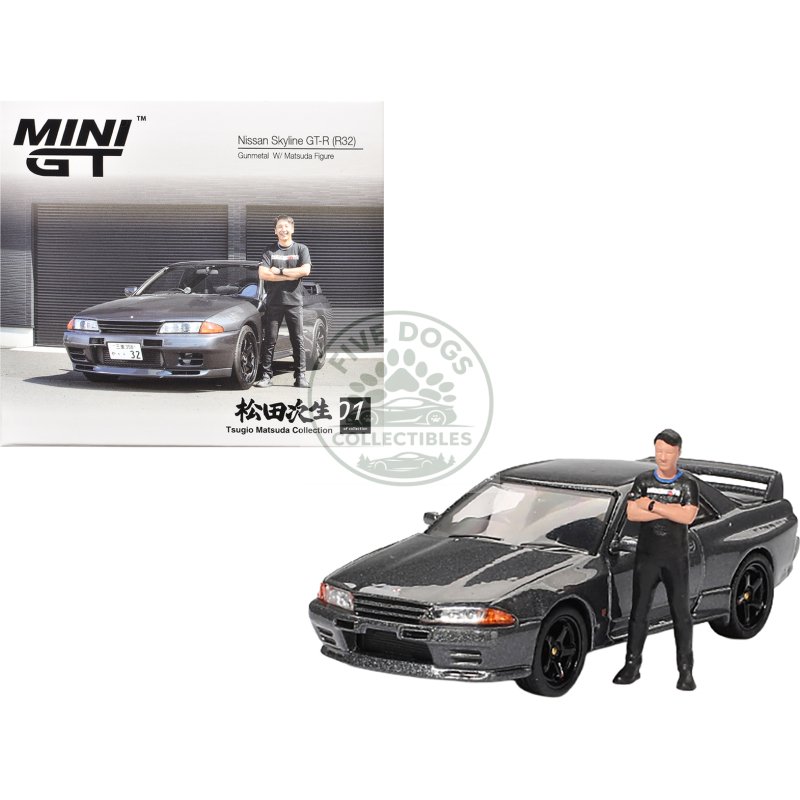nissan skyline gt r (r32) rhd (right hand drive) gunmetal gray metallic with tsugio matsuda figure limited edition 1/64 diecast model car by mini gt