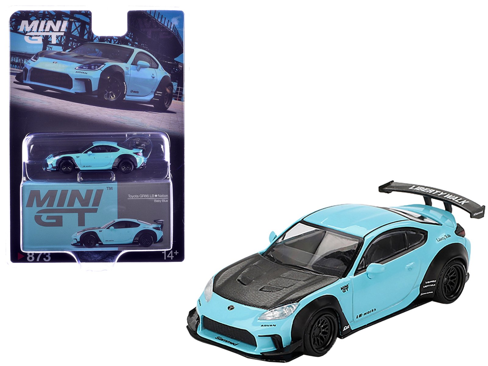toyota gr86 "lb nation liberty walk" baby blue with carbon hood limited edition 1/64 diecast model car by mini gt toyota gr86 "lb nation liberty walk" baby blue with carbon hood limited edition 1/64 diecast model car by mini gt