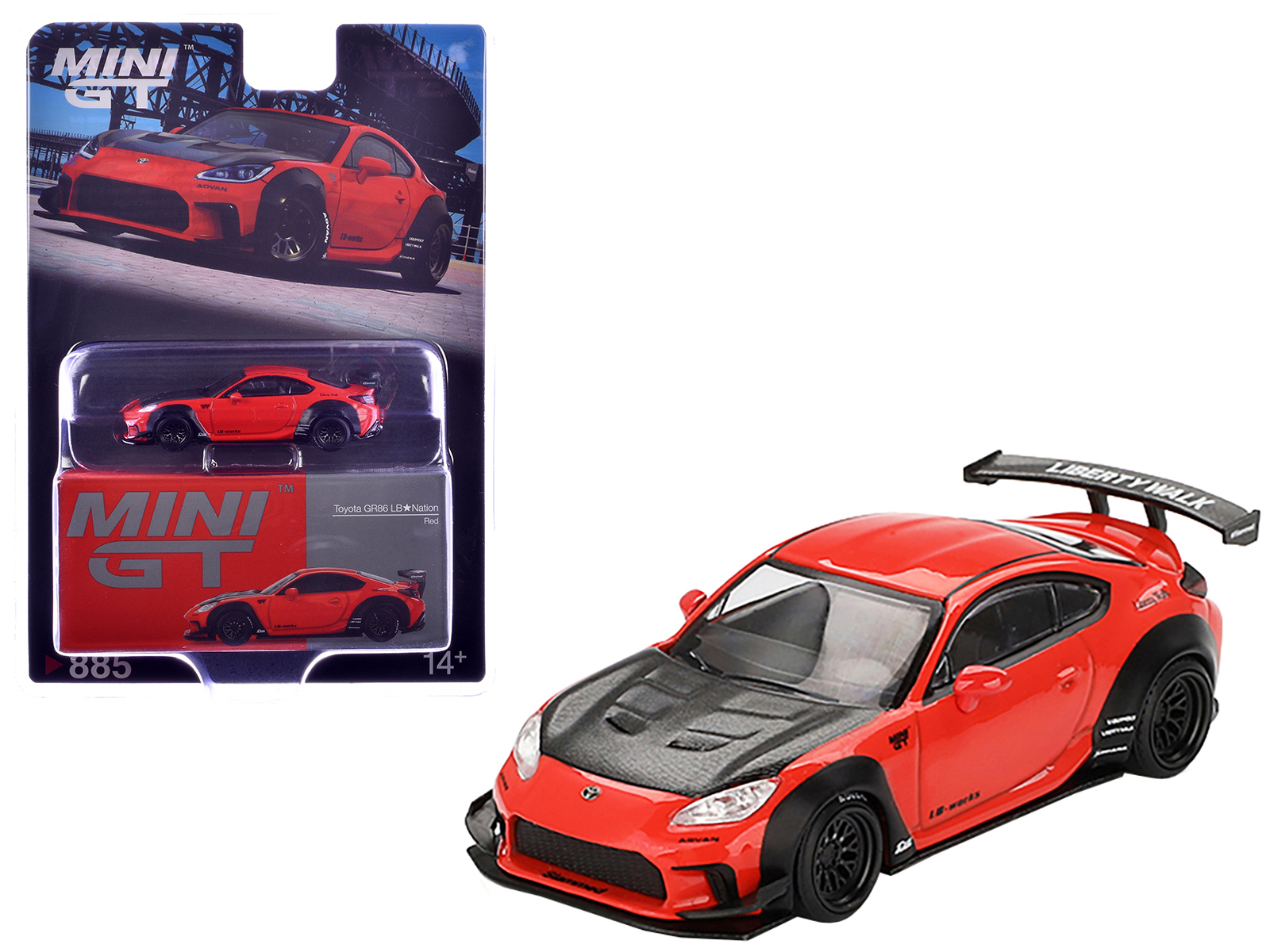 toyota gr86 "lb nation liberty walk" red with carbon hood limited edition 1/64 diecast model car by mini gt toyota gr86 "lb nation liberty walk" red with carbon hood limited edition 1/64 diecast model car by mini gt