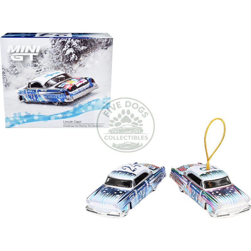 1954 lincoln capri "christmas hot rod 2024 edition by tim sadchikov" #24 blue metallic with christmas graphics and lincoln capri tree ornament limited edition to 9999 pieces worldwide 1/64 diecast model car by mini gt