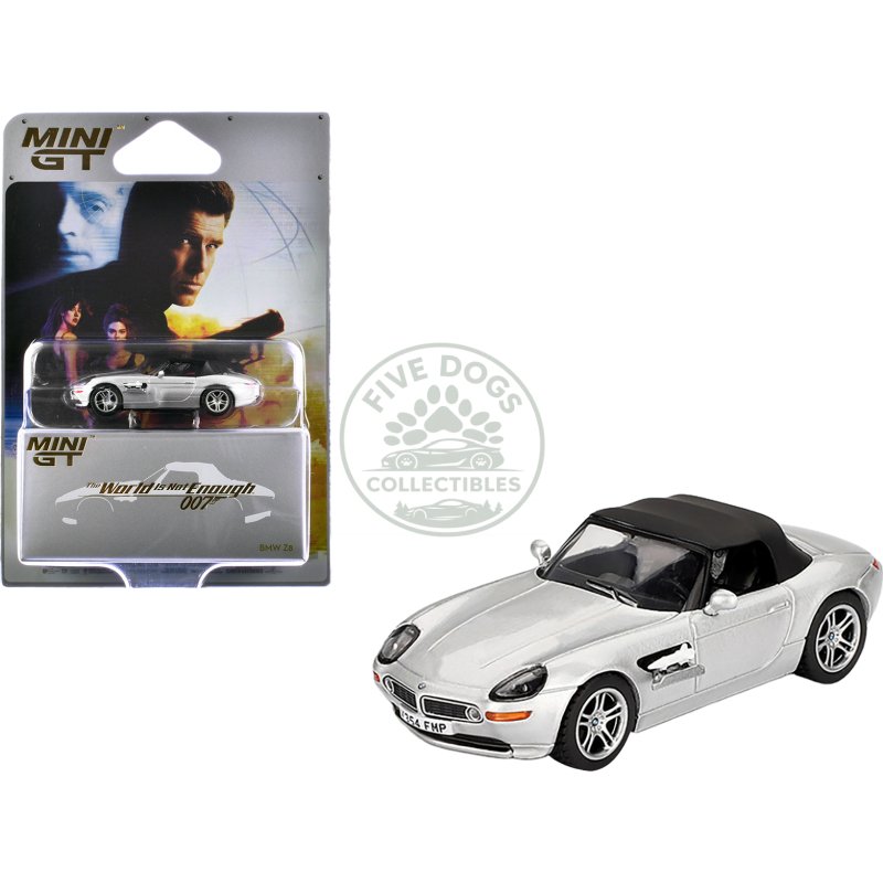 bmw z8 silver metallic with black soft top 007 james bond "the world is not enough" (1999) movie limited edition 1/64 diecast model car by mini gt