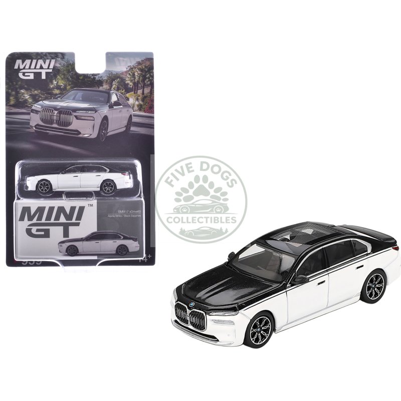 bmw i7 xdrive60 dravit alpine white and black sapphire limited edition 1/64 diecast model car by mini gt