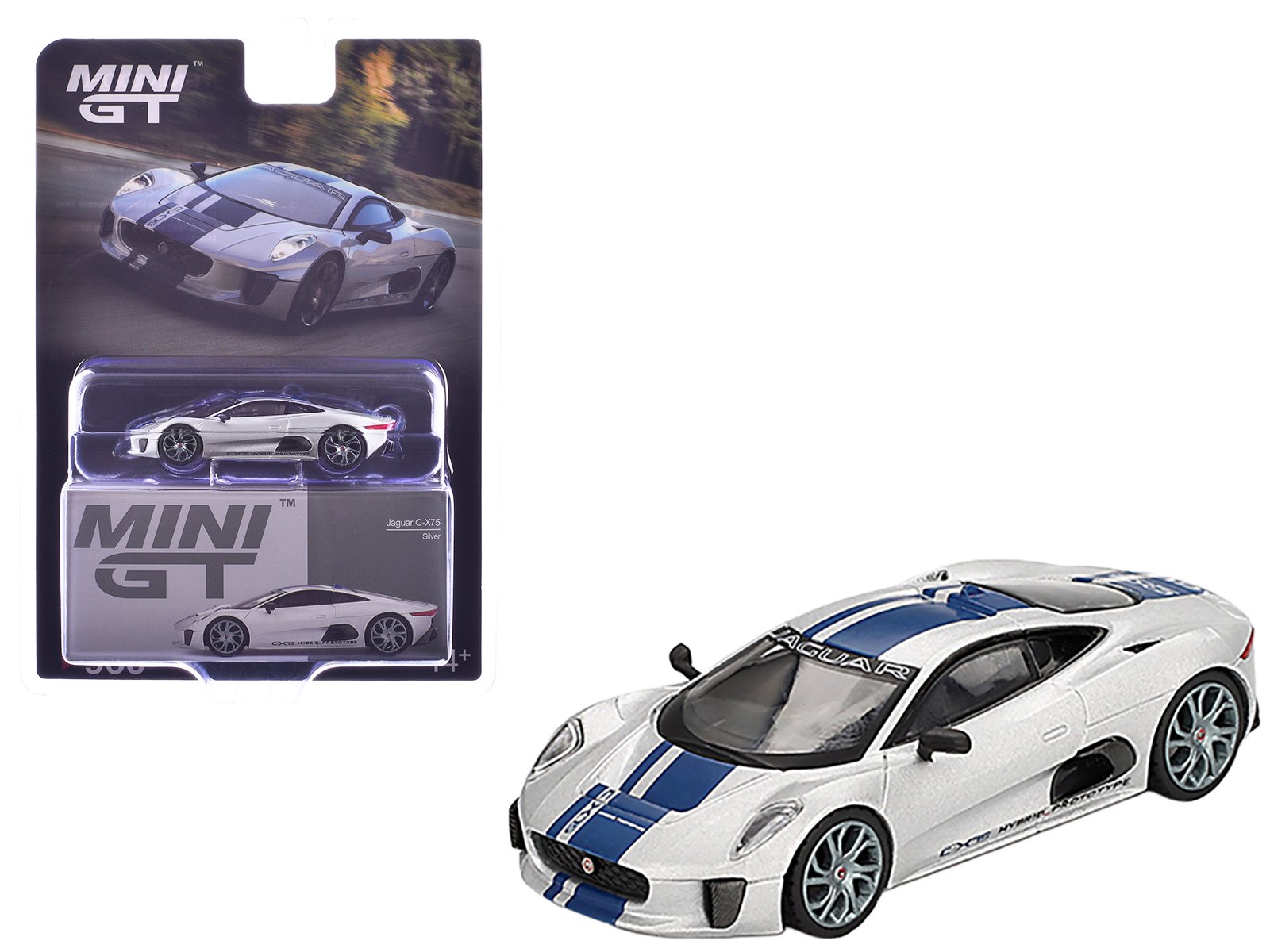 jaguar c x75 silver metallic with blue stripes limited edition 1/64 diecast model car by mini gt jaguar c x75 silver metallic with blue stripes limited edition 1/64 diecast model car by mini gt