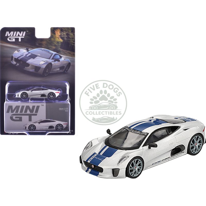 jaguar c x75 silver metallic with blue stripes limited edition 1/64 diecast model car by mini gt