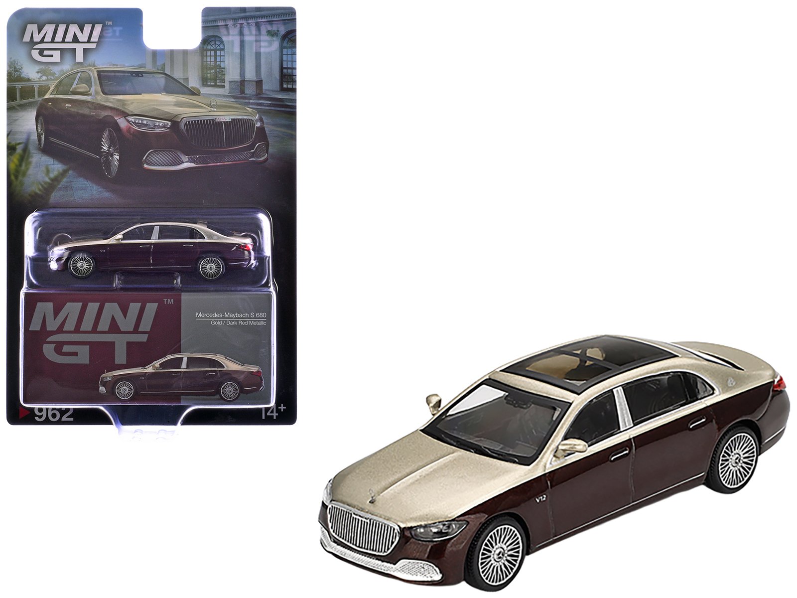 mercedes maybach s 680 gold metallic and dark red metallic limited edition 1/64 diecast model car by mini gt mercedes maybach s 680 gold metallic and dark red metallic limited edition 1/64 diecast model car by mini gt