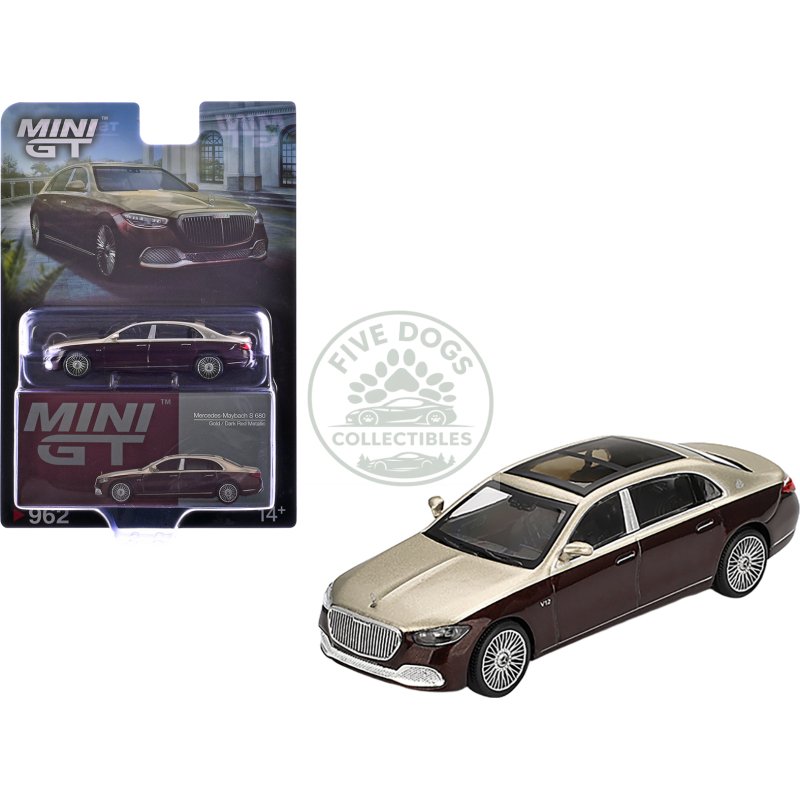 mercedes maybach s 680 gold metallic and dark red metallic limited edition 1/64 diecast model car by mini gt