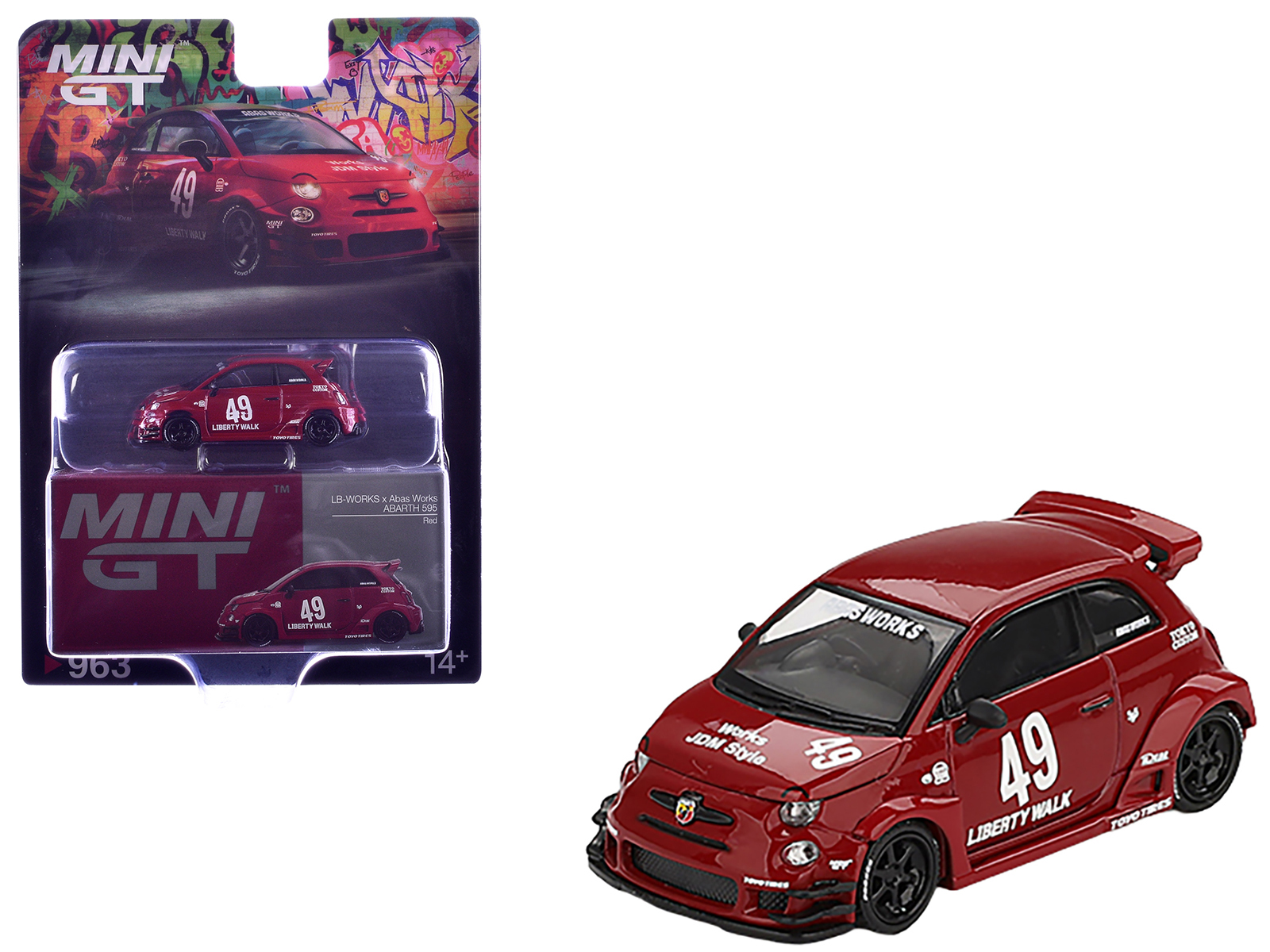 abarth 595 #49 "lb works x abas works" red limited edition 1/64 diecast model car by mini gt abarth 595 #49 "lb works x abas works" red limited edition 1/64 diecast model car by mini gt
