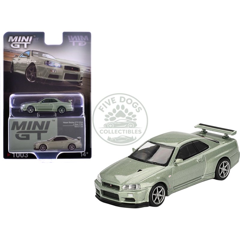 nissan skyline gt r (r34) v spec ii nur rhd (right hand drive) millenium jade metallic limited edition 1/64 diecast model car by mini gt