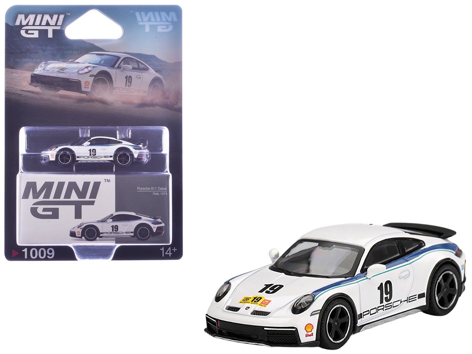 porsche 911 dakar #19 "rally 1974" tribute livery white with blue stripes limited edition 1/64 diecast model car by mini gt porsche 911 dakar #19 "rally 1974" tribute livery white with blue stripes limited edition 1/64 diecast model car by mini gt